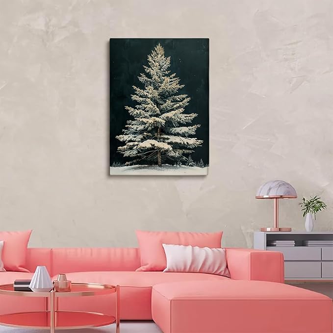 Snowy Christmas Tree Wall Art,Vintage Winter White Fir Tree Painting,Winter Christmas Wall Art,Snowy Pine Tree Decor,Dark Academia Botanical Print,Christmas Vintage Vertical Print12x16inch Unframed
