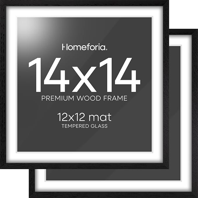 Homeforia 14x14 Black Wood Frame, High End Oak 14 x 14 Square Picture Frames with Mat 12 by 12 inches Photo, 14by14 Black Wooden Poster Frames Matted to 12x12 Print, Tempered Glass, Wall Kit, Set of 2