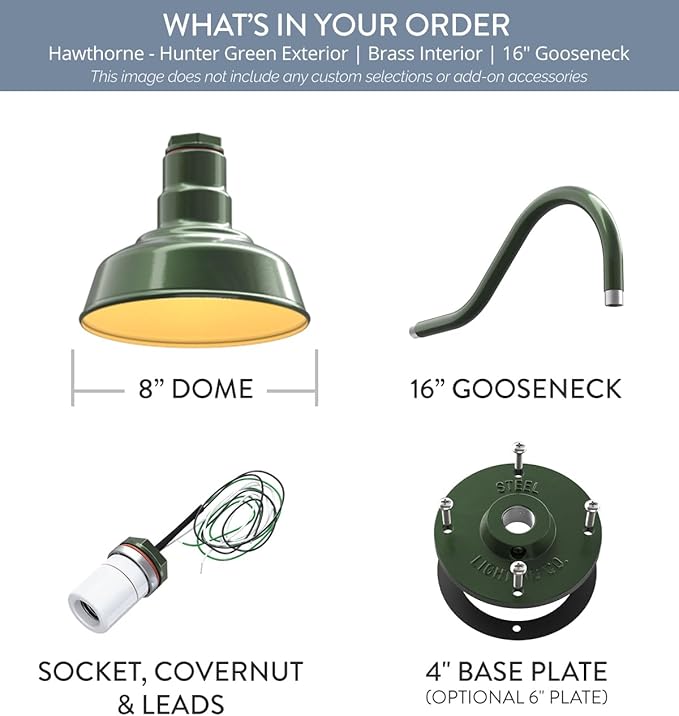 Steel Lighting Co. Hawthorne Barn Light | Outdoor Wall Mounted | 8 inch Dome | 16" Gooseneck | Small Farmhouse Light Made in America | Hunter Green Exterior/Brass Interior