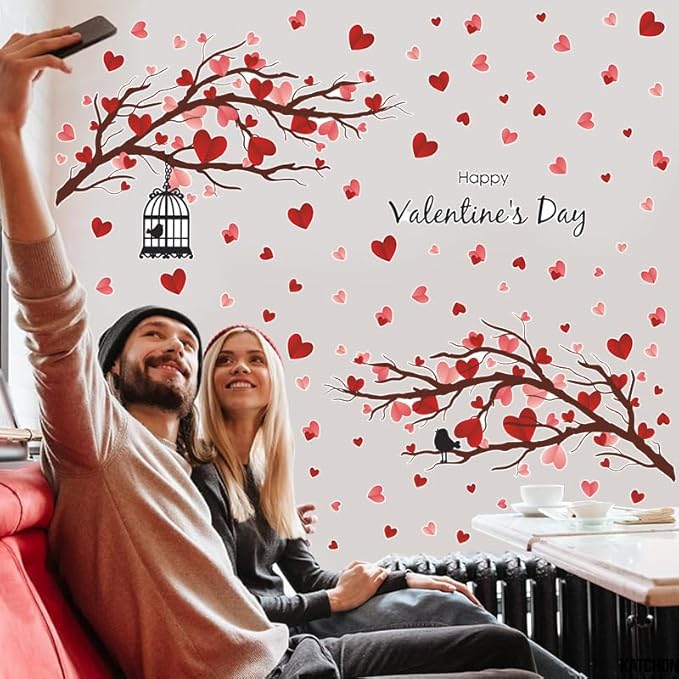 2 Sheet Valentine's Day Wall Decals Love Heart Wall Stickers Valentine's Day Pink Heart Tree Home Bedroom Decor Decals Peel and Stick for Valentines Wedding Anniversary Party Supply