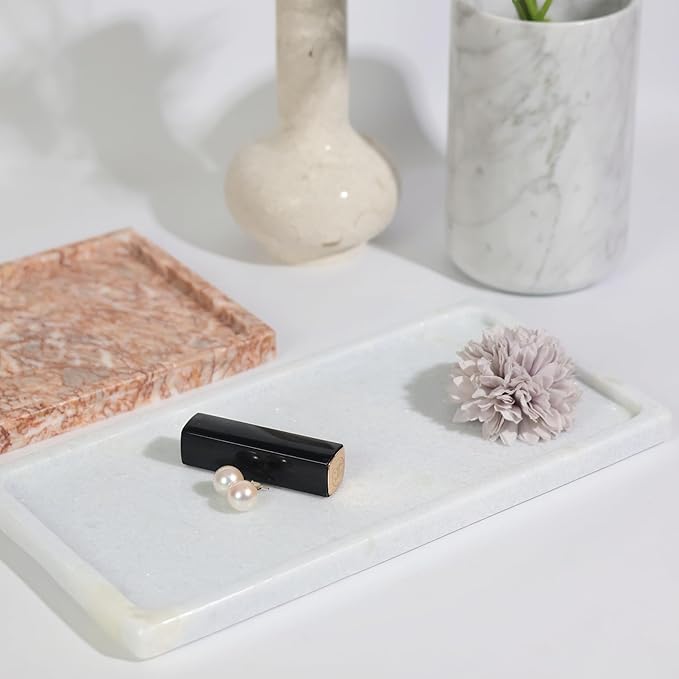 Solid Natural Marble Vanity Tray 11.5"x5.9" - Rectangular Bathroom Organizer, Non-Resin Jewelry Perfume Tray, Spa-Style Dresser Tray with Heirloom Finish