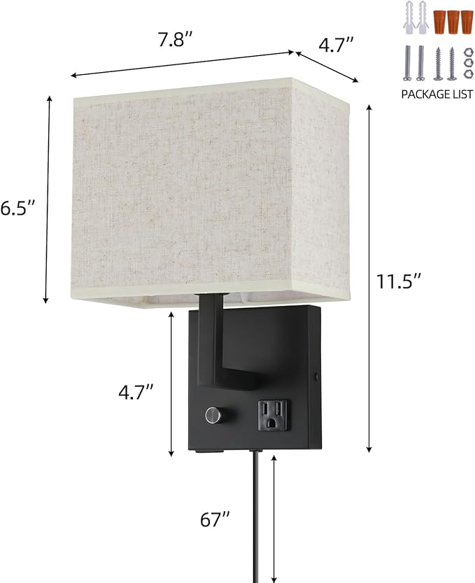 Bedside Wall Mount Light with Outlet and Dimmable Switch, Black Fabric Shade Wall Sconce Light with USB Port and Plug in Cord, Perfect for Bedroom, Living Room and Hotel…