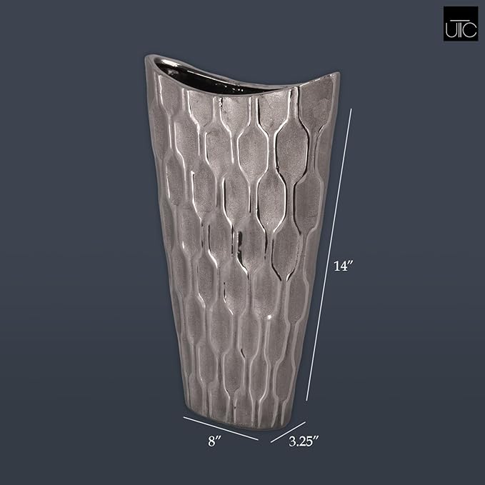 Ceramic Decorative Silver vase, Silver Decor Center Piece for Home Decor Features Honeycomb Design vase for Living Room, Table, Office Decor: 8.00"x3.25"x14.00"H