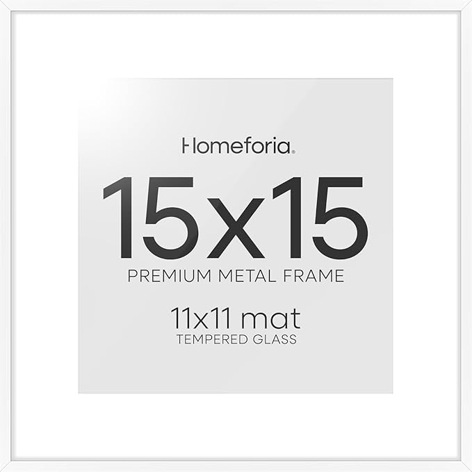 Homeforia 15x15 Picture Frame White, High End Metal 15 x 15 Square Poster Frames with Mat 11 x 11 Photo, 15x15 White Frame Matted to 11x11 Print, 15by15 Thin Frames, Tempered Glass, Wall Kit, Set of 1