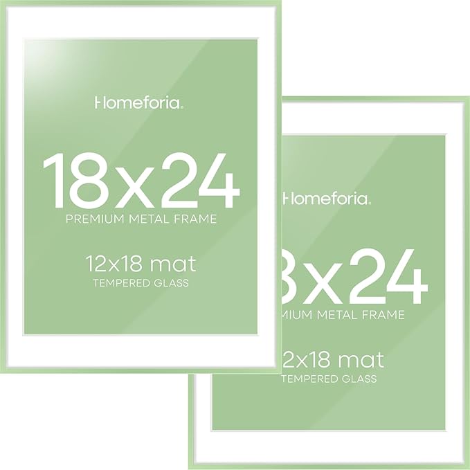 Homeforia 18x24 Frame Sage Green, High End Metal 18x24 Poster Frames with Mat 16x20 inch Photo, 18 x 24 Sage Green Picture Frame Matted to 16 by 20 Art, 24x18 Frame, Tempered Glass, Wall Kit, Set of 2