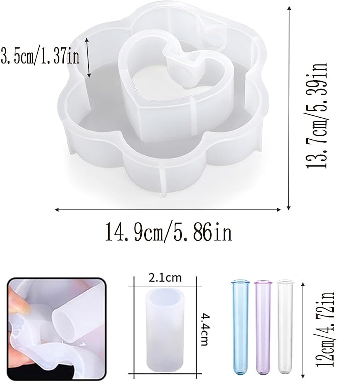 Vase Resin Molds with 3 Test Tube Heart Resin Silicone Vase Mold for Epoxy Resin Casting Hydroponic Flower Preservation DIY Wedding Centerpiece Home Decor (Flower Shape)