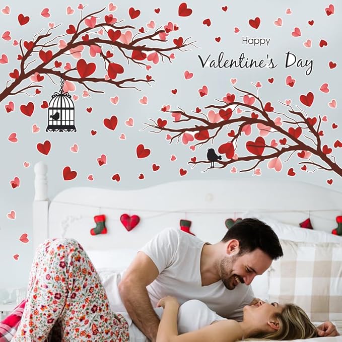 2 Sheet Valentine's Day Wall Decals Love Heart Wall Stickers Valentine's Day Pink Heart Tree Home Bedroom Decor Decals Peel and Stick for Valentines Wedding Anniversary Party Supply