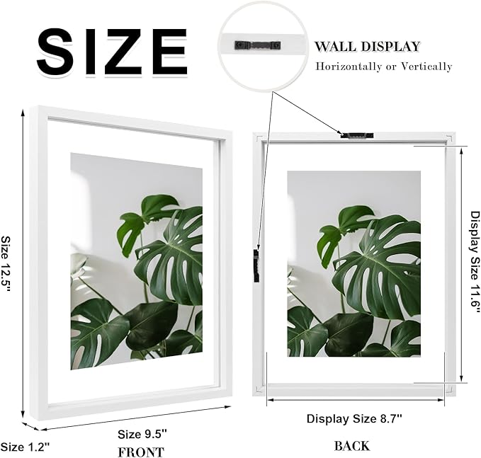 Egofine 9x12 Floating Frames Set of 2, Double Plexiglass Picture Frame, Made of Solid Wood Display Any Size Photo up to 9x12, Wall Mount or Tabletop Standing, White