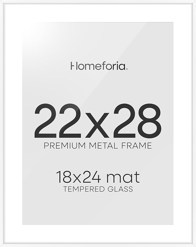 Homeforia 22x28 Poster Frame White, High End Metal 22 x 28 Large Picture Frames with Mat 18 x 24 for Photo, 22x28 Thin Frame Matted to 18x24 inch Print, 28x22 Frame, Tempered Glass, Wall Kit, Set of 1
