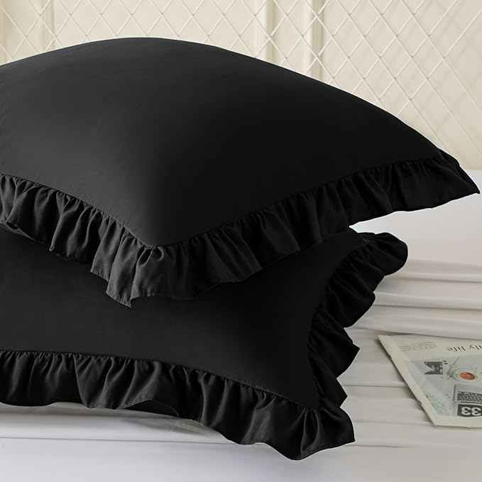 KKJIAF Ruffle Pillow Cases 26x26 Inches, Black Square Ruffled Pillow Covers Set of 2, Microfiber Wrinkle Resistant Pillow Shams with Envelope Closure for Sofa Bed Living Room