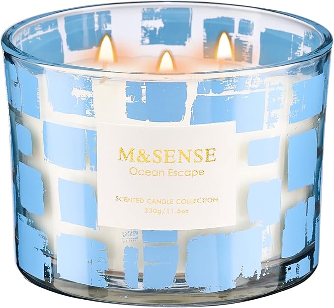 M&SENSE Ocean Escape Scented Candle,11.6oz Natural Soy Wax Non Toxic for Home, 3 Wick Jar Candle, Up to 60 Hours Burn time,Relaxing Aromatherapy Gifts for Women