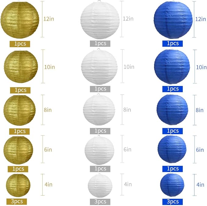 BEISHIDA 21 Pcs Blue Gold White Round Paper Lanterns Decorative Hanging Asia Chinese Japanese Paper Lanterns Lamp for Birthday Wedding Baby Bridal Shower Graduation Party Classroom Decoration