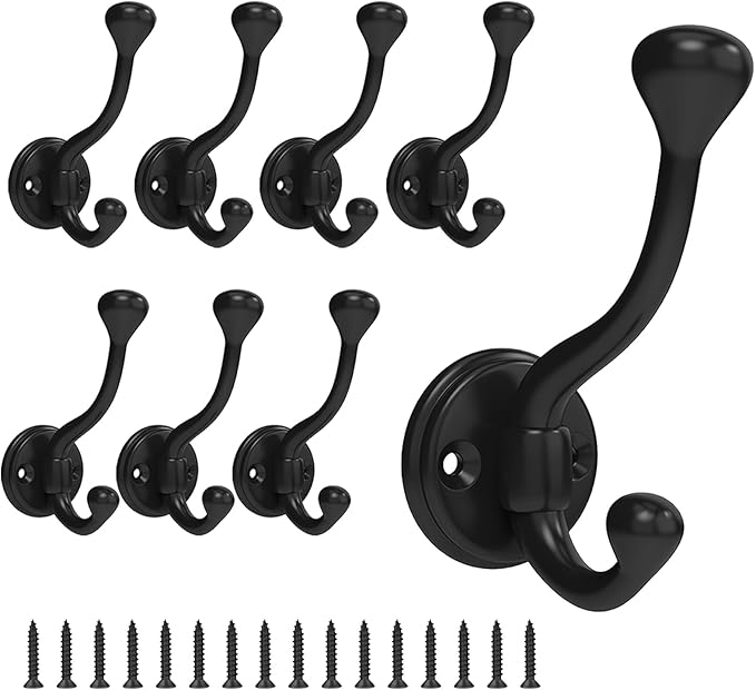 8 Pack Wall Hooks for Hanging, Heavy Duty Coat Hook Wall Mount, Easy to Install Metal Closet Hooks, Apply to Bathrooms, Bedrooms, Living Rooms, Entrances (Black)