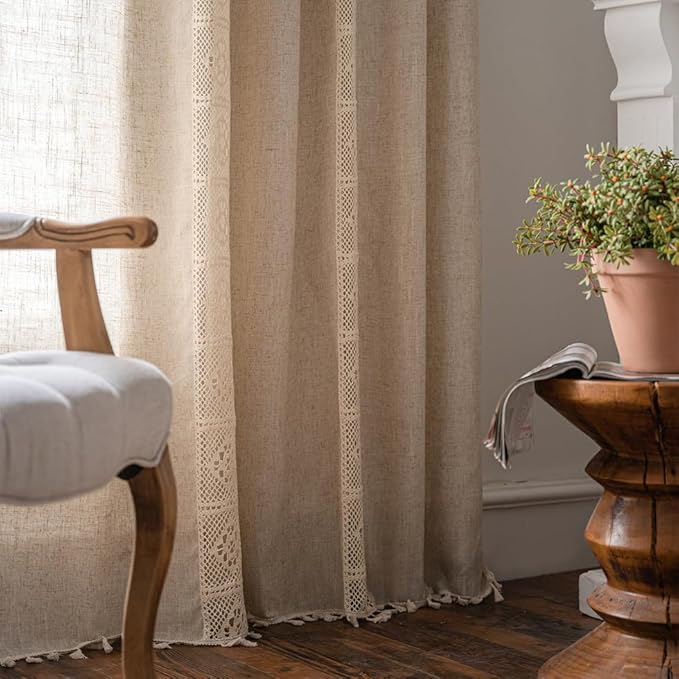 OYX Boho Curtains 96 Inch Length 2 Panels for Living Room, Bedroom Light Filtering Drapes, Farmhouse Vintage Country French Rustic Tassels Pattern Rod Pocket Aesthetic Decor Window Treatments