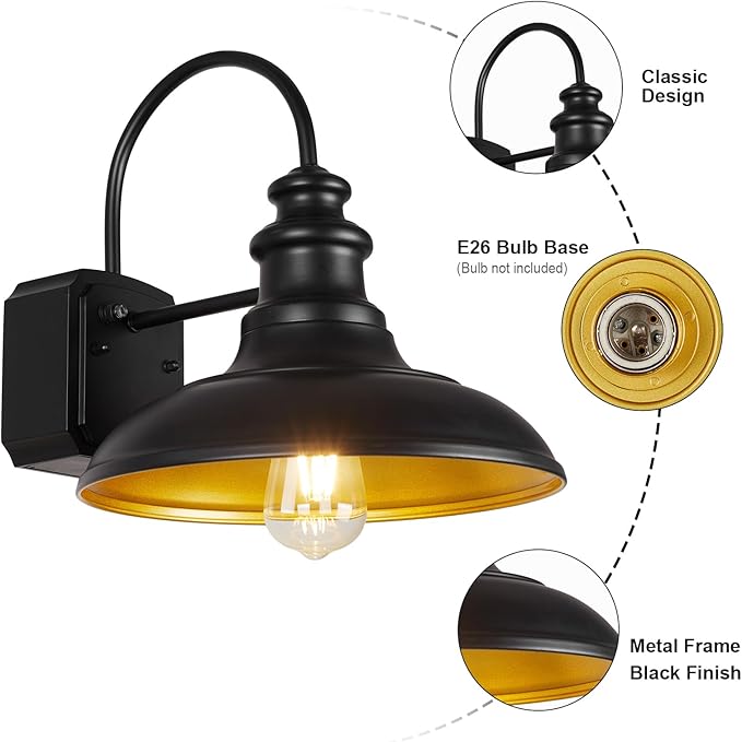 Dusk to Dawn Sensor Outdoor Barn Light with GFCI Outlet, Farmhouse Outdoor Wall Sconce, Rustic Exterior Lighting Fixture, Industrial Wall Lantern for Porch Garage Patio, STRZ034-W BK
