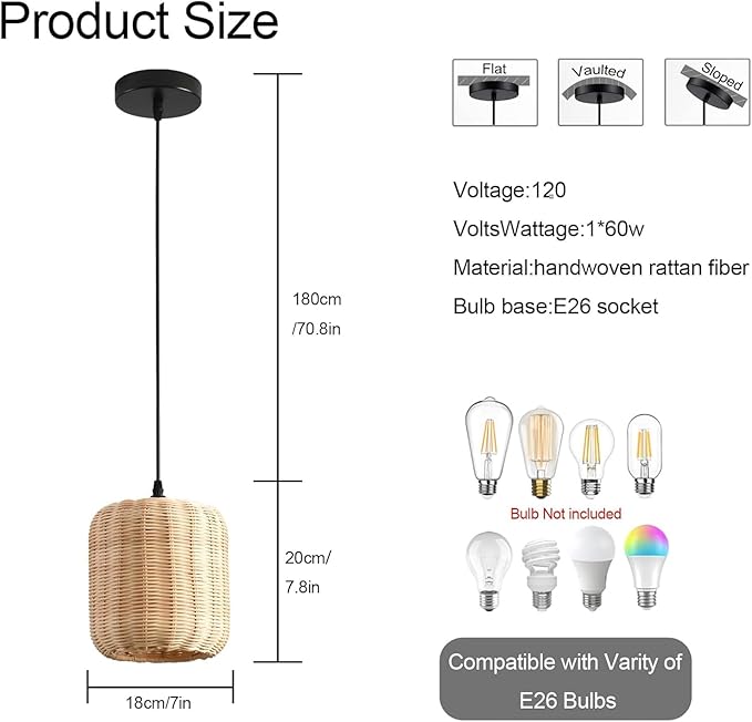 TeruTeru Ji Kaikang 3-Pack Mini Rattan Pendant Light,7.87" Rustic Bamboo Hanging Light Hand-Woven Rattan Chandelier for Dining Living Bedroom Kitchen Farmhouse