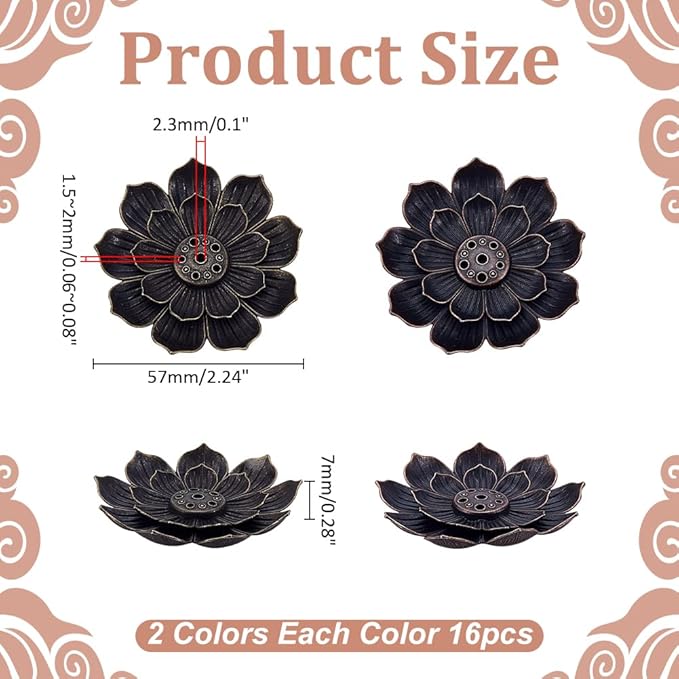 WADORN 32Pcs Lotus Incense Holder, 2 Colors Alloy Incense Burner with 6 Holes Cone Burner Ash Catcher with Incense Stick Tray for Home Fragrance Yoga Sauna Meditation SPA Bedroom Decor