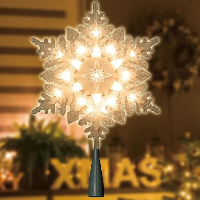 LAMPHOME 10" 20L Lighted Frosted White Stacked Snowflake Tree Topper, Lighted Snowflake Christmas Tree Topper,Warm White