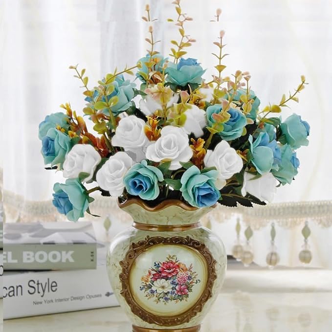 4 Bunches of Artificial Roses. 48 Small Roses. Plastic Silk Flower .Suitable for Plant Decoration of Family Hotel Wedding Christmas.（Peacock Blue）
