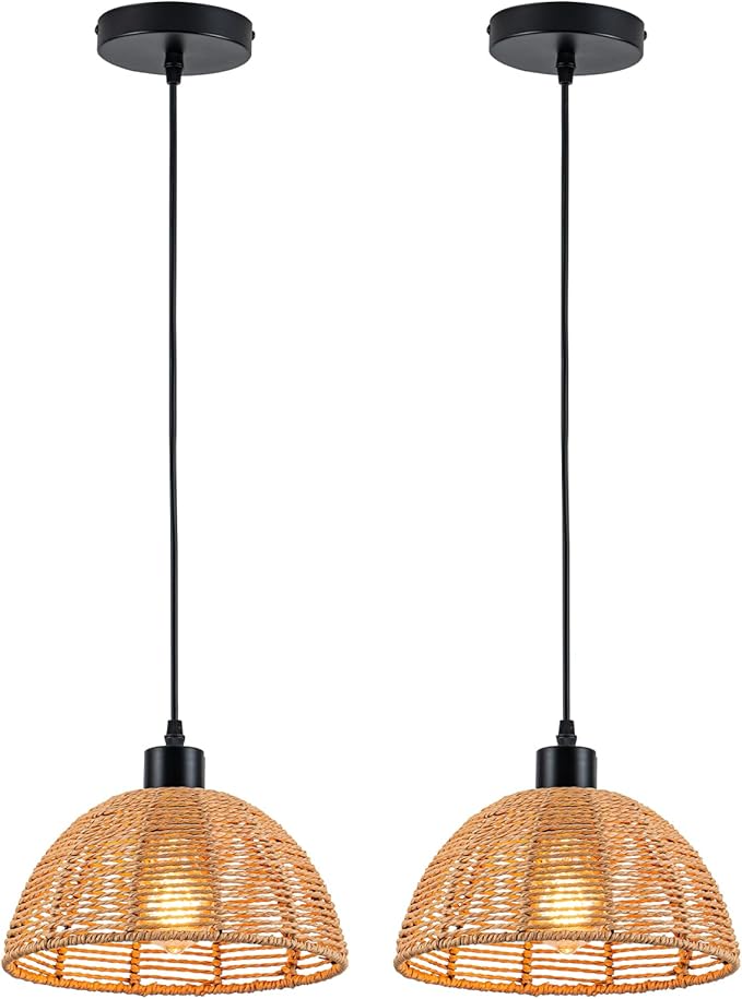 Boho Rattan Pendant Lights Vintage 2-Pack Farmhouse 9.84" Dome Hand Woven Bamboo Pendant Light Fixture Retro Boho Pendant Lighting for Kitchen Island, Bedroom, Dining Room, Hallway