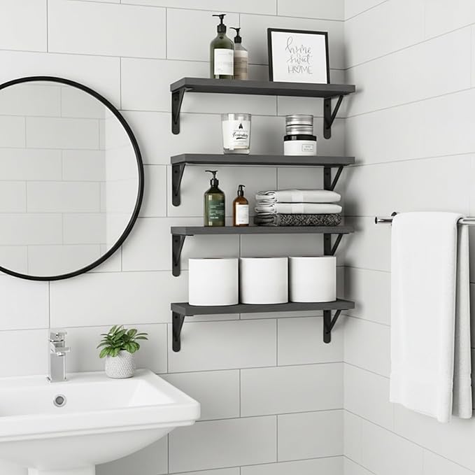 Fixwal Floating Shelves for Wall, Wood Wall Mounted Shelves for Bedroom, Bathroom, Living Room, Kitchen Storage and Decor(Black, Set of 4, 16.5 Inch)