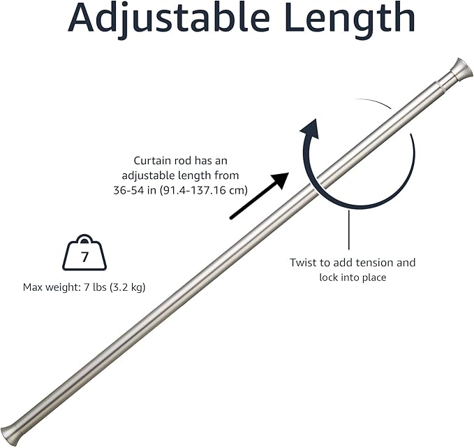 Amazon Basics Tension Curtain Rod, Adjustable 36-54" Width - Nickel, Classic Finial
