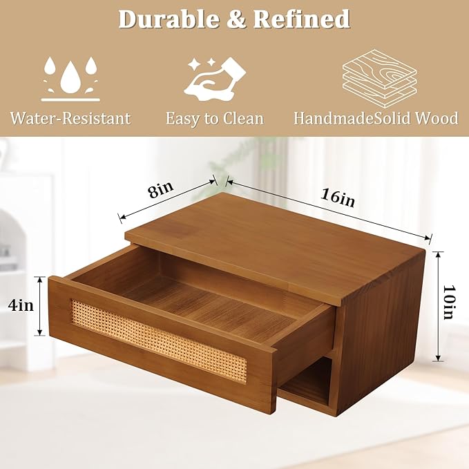 Floating Nightstand, Wall Mounted Rattan Bedside Bedroom Nightstand, with Storage Drawer and Modern Open Shelf Cubby, Minimalist and Unique Style 16”x 10”x 8” Brown