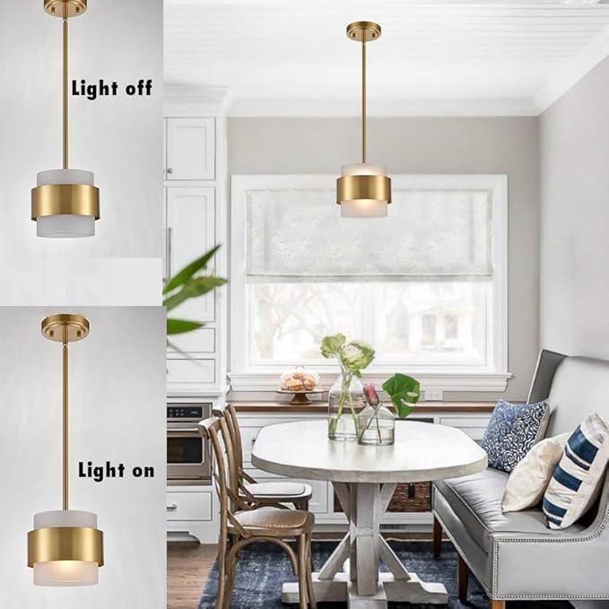 CLAXY Modern Gold Pendant Lights mini Pendant Light for Kitchen Island Dining Room Bar Restaurant with Frosted Glass Shade Rod Hanging Light Fixture