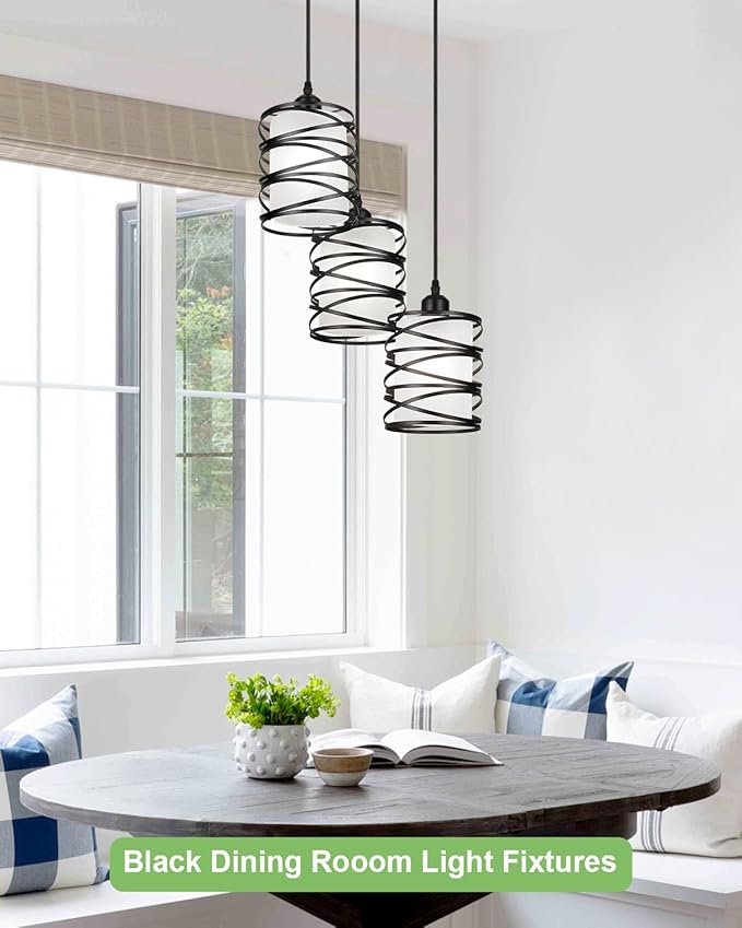 Black Pendant Lights for Kitchen Island 3-Light Pendant Light Fixtures with Frosted Glass Shades, Spiral Iron Kitchen Island Lighting Adjustable Pendant Lighting for Dining Room, Kitchen