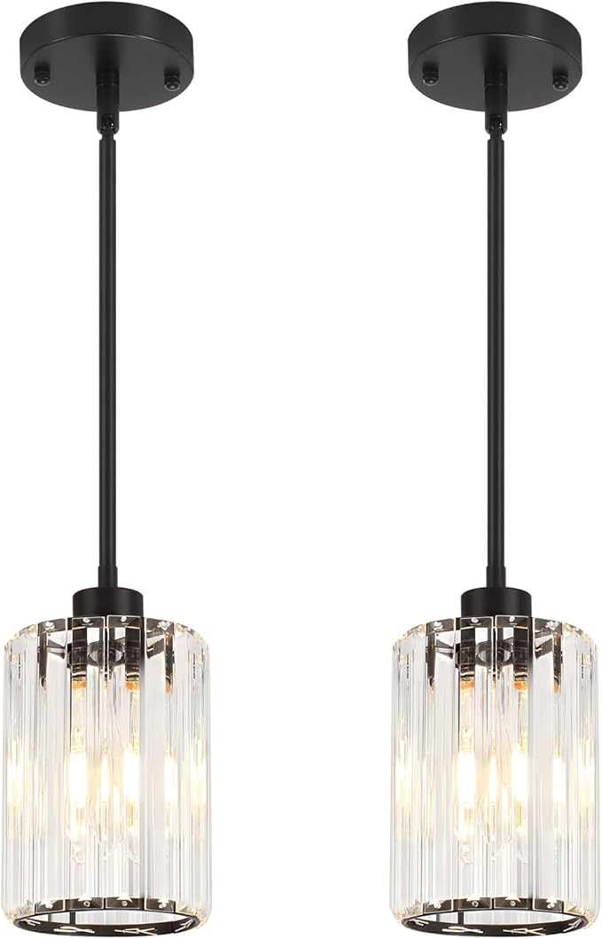 2 Pack Black Pendant Light, Modern Crystal Pendant Lights Kitchen Island Lighting, Hanging Light Fixtures Mini Chandelier Pendant Lights for Island Dining Room Hallway Bedroom