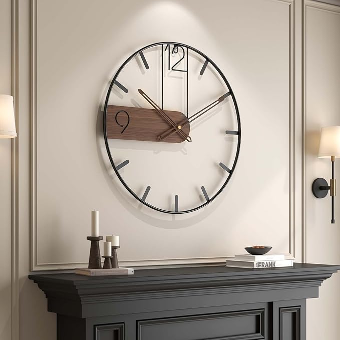 Modern Large Wall Clock 24 Inch, Wood Metal Frame Silent Non Ticking Battery Operated Wall Clocks Decoration for Living Room, Bedroom, Kitchen, Minimalist Walnut Dial Arabic Numerals