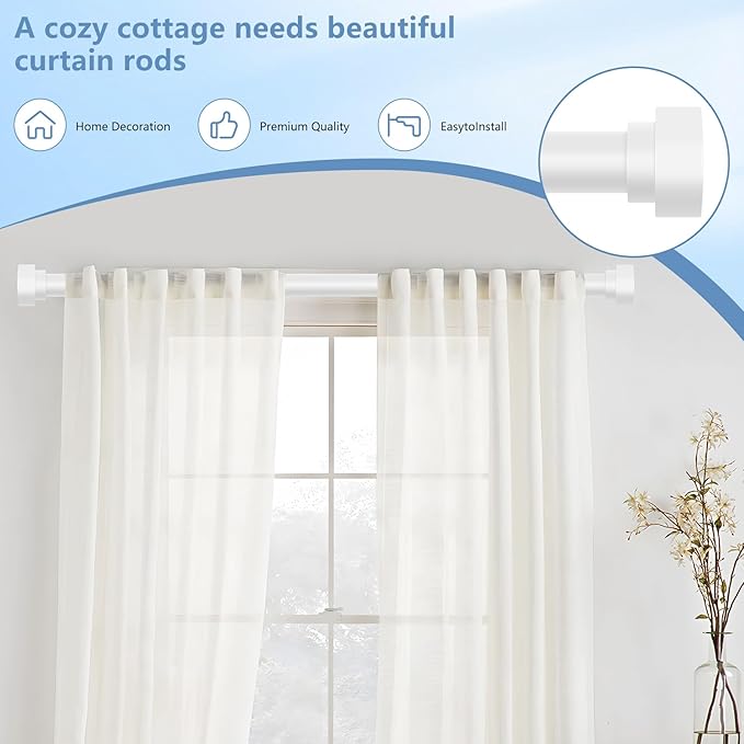 HEI! DEAR White Curtain Rods for Windows 28 to 48 Inch(2.3-4ft), 1Inch Heavy Duty Curtain Rods, Adjustable Curtains Rod, Modern Decorative Drapery Window Rod, 30-58", White