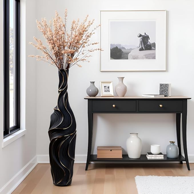 Floor Vase Handmade Resin - 22.83" Tall Brown Vases with Gold Wave Patterns, 6.29" Wide Decorative Tall Floor Vase for Home Decor, Farmhouse & Modern Interior Design