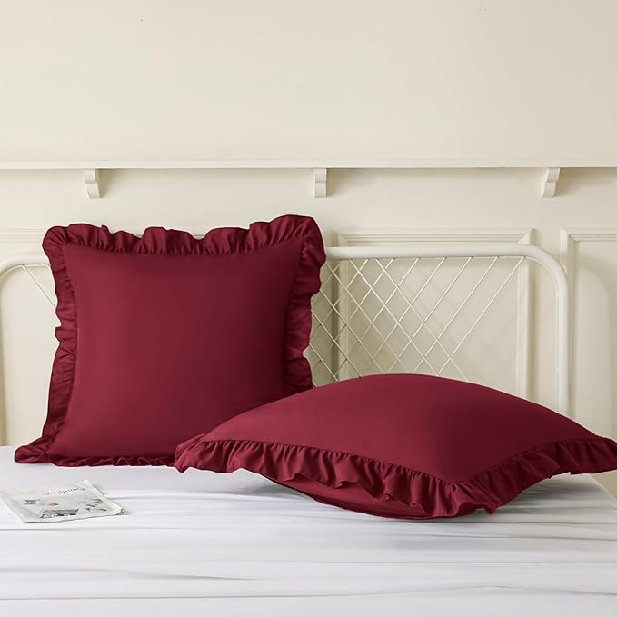 KKJIAF Ruffle Pillow Cases 24x24 Inches, Burgundy Square Ruffled Pillow Covers Set of 2, Microfiber Wrinkle Resistant Pillow Shams with Envelope Closure for Sofa Bed Living Room