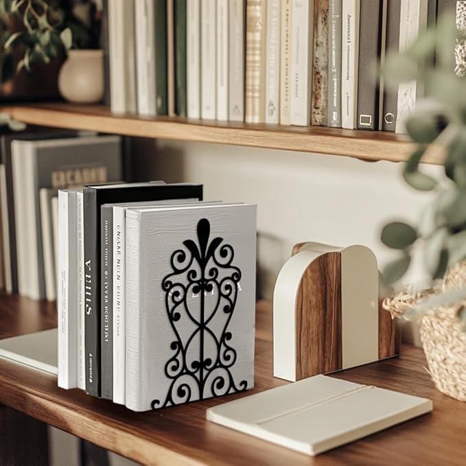 Peacoblue Metal Bookends for Shelves, Modern Decorative Heavy Duty Study Book Support Stoppers for Office, Desk, Shelf, Room 5.3"x4.3"x7.9" Cast Iron Tall Bookends, 1 Pair (European Style Pattern)