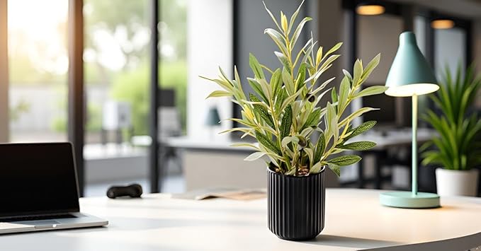14 inch Artificial Olive Plant Indoor Fake Plants with Ceramic Black Pot Faux Silk Plant with Realistic Trunk Perfect for Home Office Table Decoration