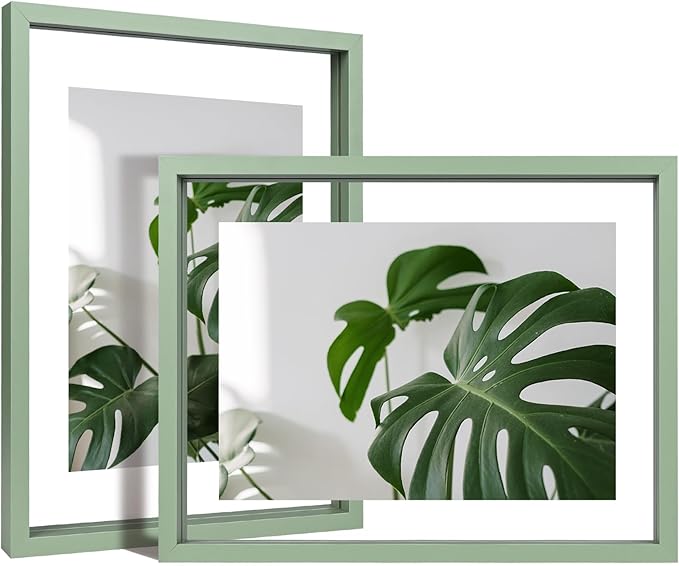 Egofine 9x12 Floating Frames Set of 2, Double Plexiglass Picture Frame, Made of Solid Wood Display Any Size Photo up to 9x12, Wall Mount or Tabletop Standing, Green