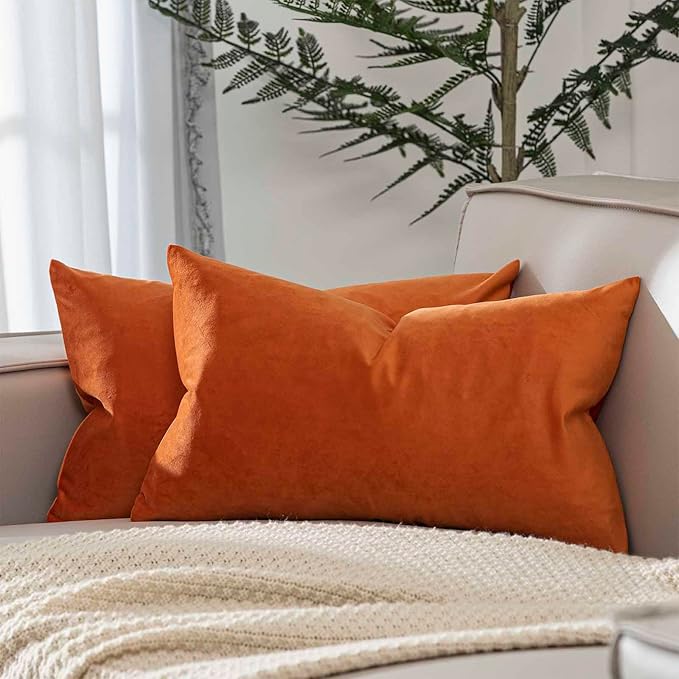 JUSPURBET 14x24 Throw Pillow Covers Set of 2 Decorative Pillow Covers for Couch Sofa Bed Cozy Velvet Lumbar Cushion Covers Cases with Invisible Zipper for Living Room Home Decor,Burnt Orange
