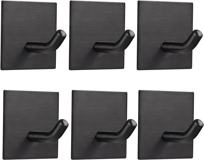Heavy Duty Adhesive Hooks, Stick on Wall Adhesive Hangers, Strong Stainless Steel Holder, Self Adhesive Hooks for Kitchen Bathroom Home Door Towel Coat Key Robe 6 Packs Black