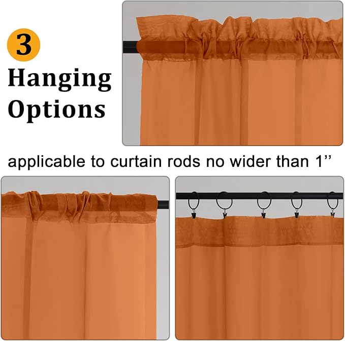 Gwine Sheer Curtains 72 Inches Long 2 Panels for Front Door, Light Filtering Fall Sheer Curtains for Living Room, Lightweight Rod Pocket Window Treatments Drapes, Each 42 Wx72 L, Burnt Orange