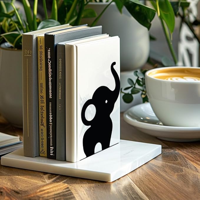 Peacoblue Metal Bookends for Shelves, Modern Decorative Heavy Duty Study Book Support Stoppers for Office, Desk, Shelf, Room 4.7"x3.5"x7.9" Cast Iron Simple Tall Bookends, 1 Pair (Cute Elephant)