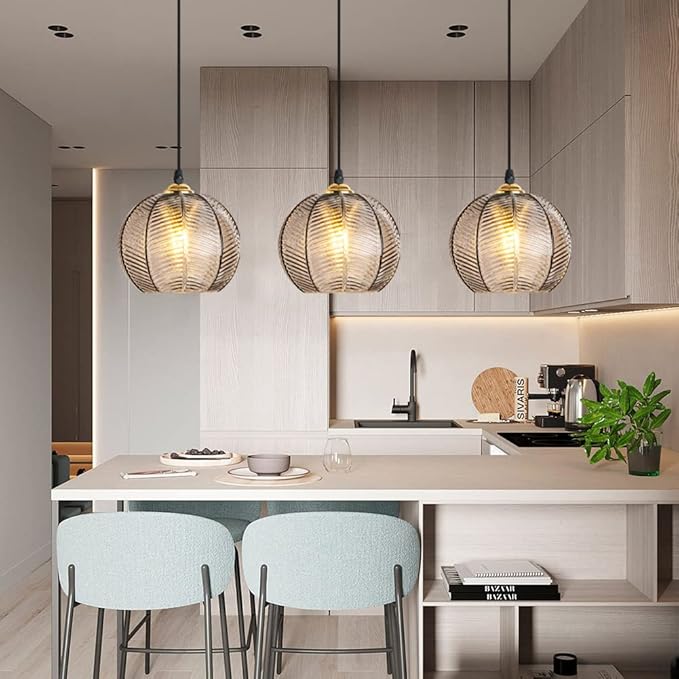 Plug in Glass Pendant Light Mid-Century Modern Striped Grey Glass Hanging Ceiling Lighting Fixture with 14.7FT Cord, Globe Decor Chandelier For Living Room, Bedroom, Dining Hall, Kitchen (Smoke Grey)
