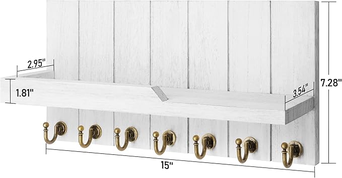Rebee Vision Decorative Key and Mail Holder for Wall - Farmhouse 15 Inches Floating Shelf with 7 Sturdy Key Hooks for Home Entryway Wall Decor - Rustic Key Racks (White,15-inch)
