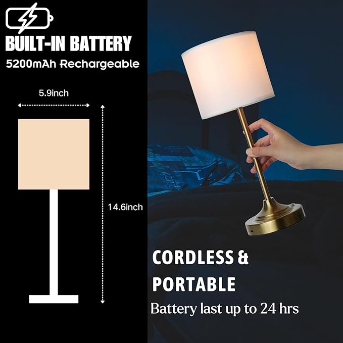 Portable Cordless Table Lamp,Built-in 5200mAH Rechargeable Battery, Dimmable Touch Wireless Light, Bed Side Metal Desk Lamp，Restaurant/Bedroom/Bar/Coffee/Night Light (Antique Brass)
