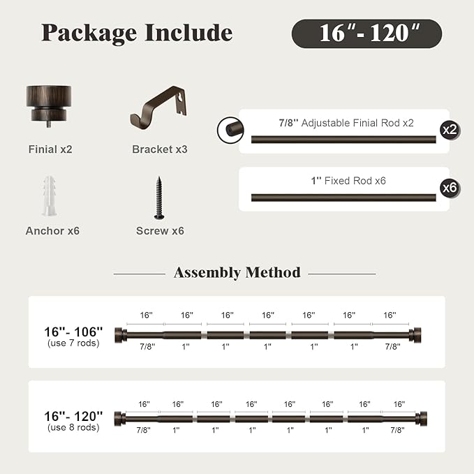 Oneach Antique Brown Curtain Rods for Windows 66 to 120 Inch, 1 Inch Pole Adjustable Length Heavy Duty Metal Curtain Rod Set, for Outdoor Bedroom Kitchen Living Room (16 to 120 Inch)