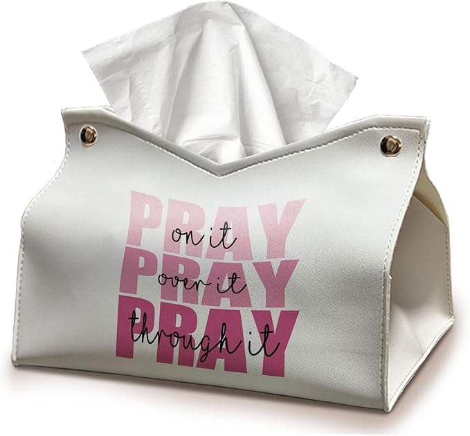 Bible Christian Tissue Box Cover Rectangle, Pink Prayer Decor Tissue Box Holder, Pray Over it Pray Through it Religious Facial Paper Case, Scripture Church Gifts for Women Home 9.8x5.9x5.9