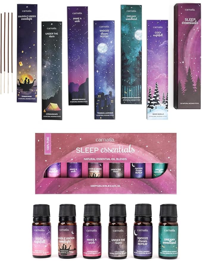 Carnatia Sleep Ritual Bundle | 6 Relaxing Incense Sticks + 6 Calming Essential Oils | Natural Aromatherapy Set for Stress Relief & Restful Sleep