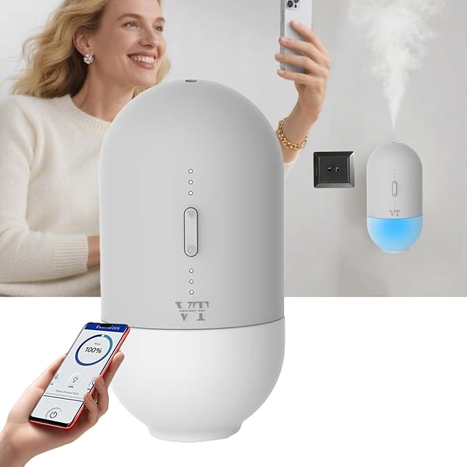 Plug in Waterless Oil Diffuser and 5 OZ Essential Oil for 600 Sq. Ft Room Home Hotel Office, Mini Wall Mounted Smart Scent Air Freshener Machine with Bluetooth App, House Outlet Aroma Diffuser Grey
