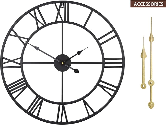 LEIKE 16" Large Wall Clocks Battery Operated, Round Modern Silent Non-Ticking Black Metal Wall Clock for Living Room Decor, Bedroom Kitchen (40cm Diameter, Black Roman Number)