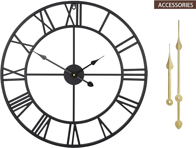 Large Modern Metal Wall Clocks Rustic Round Nearly Silent Little Ticking Battery Operated Roman Numerals Clock for Living Room/Bedroom/Kitchen Wall Decor-(Black, 47cm)